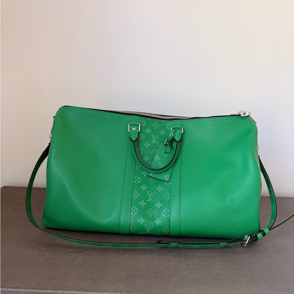 Louis Vuitton Keepall 55 Green Taurillon Monogram Leather Travel Bag